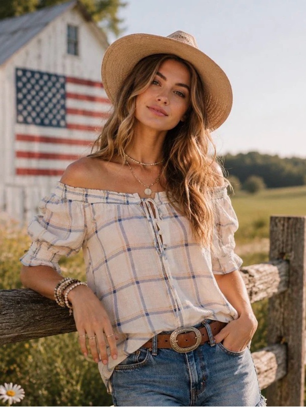 0270.  Off-Shoulder Plaid Peasant Top in Cream and Blue